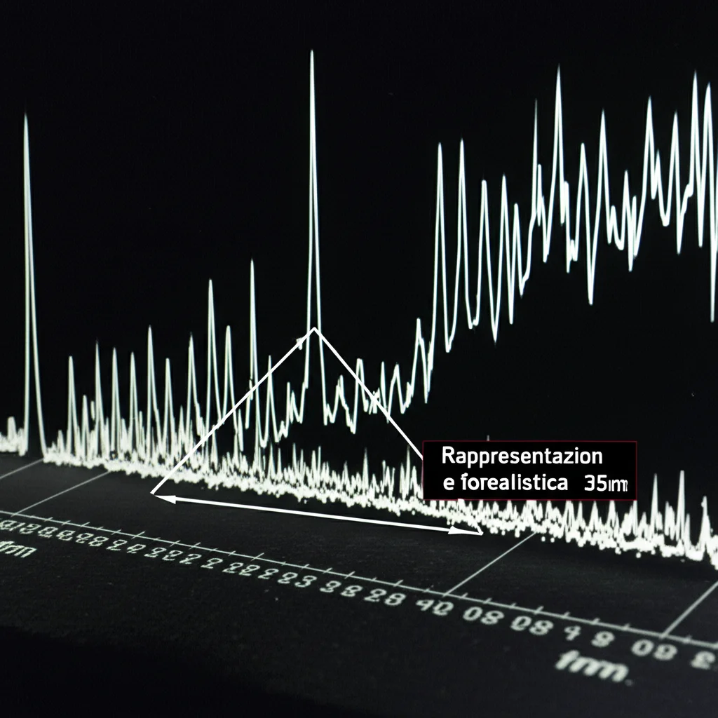 Rappresentazione artistica e fotorealistica dell'algoritmo SCAN-MUSIC che analizza uno spettro di linee complesse, evidenziando una 'finestra' di analisi con super-risoluzione, obiettivo prime 35mm, profondità di campo, illuminazione drammatica stile film noir.