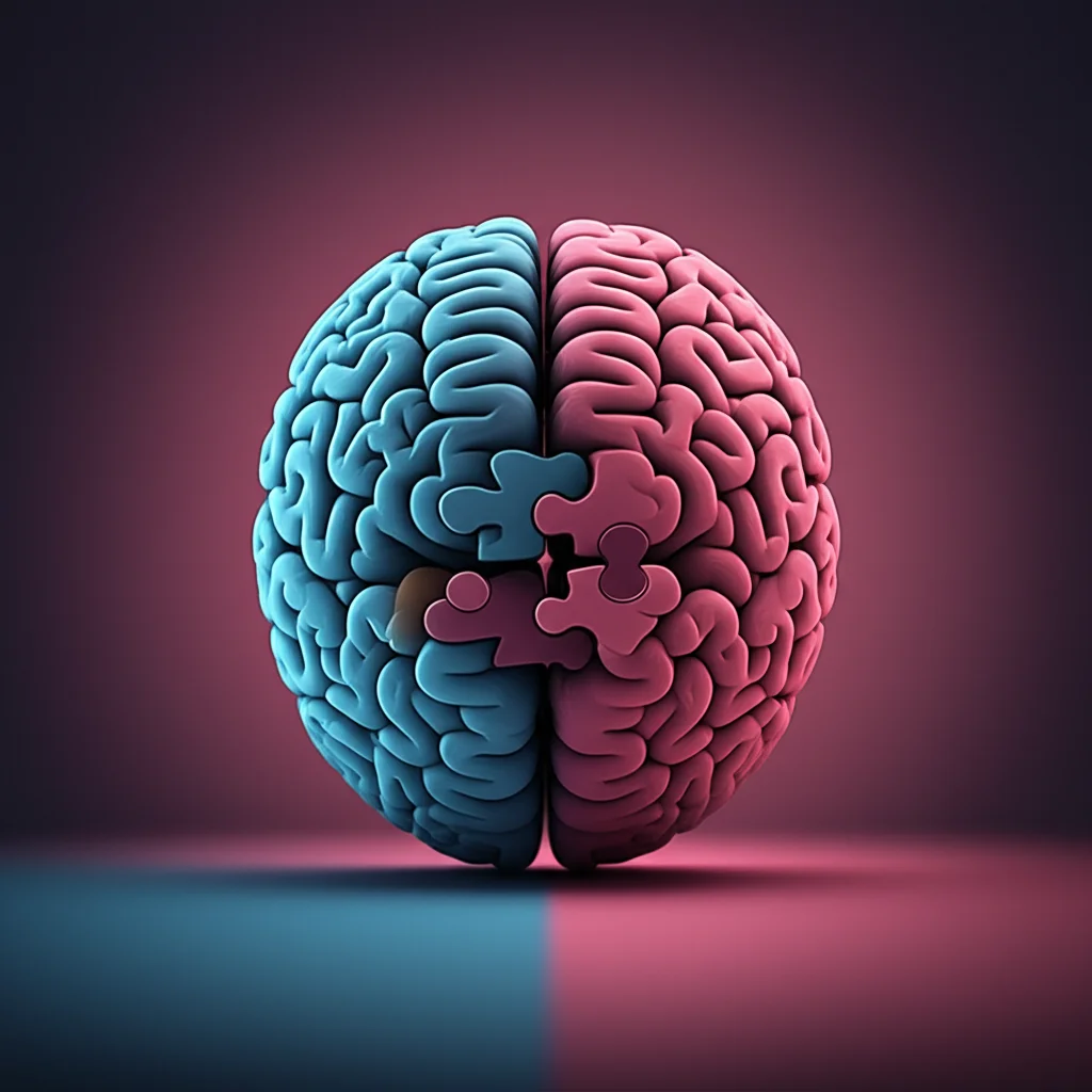 Un cervello stilizzato con due emisferi di colore diverso, uno maschile e uno femminile, che si incastrano perfettamente come pezzi di un puzzle, a simboleggiare l'equità e l'invarianza nella valutazione psicologica tra generi. Prime lens, 35mm, depth of field, duotone (blu e rosa delicato).