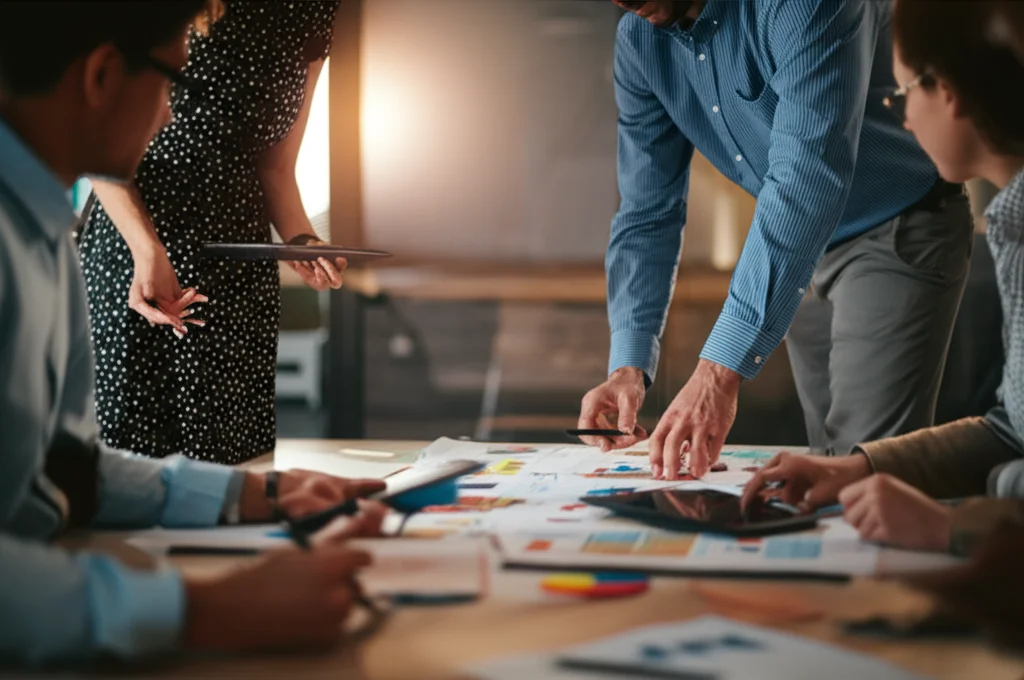 Un gruppo eterogeneo di docenti e tecnologi educativi collabora attorno a un tavolo luminoso in un ufficio moderno, discutendo strategie di integrazione dell'IA nell'insegnamento. Utilizzano tablet e diagrammi che illustrano il framework PIER. Stile fotorealistico, luce soffusa, obiettivo prime 35mm, profondità di campo controllata.