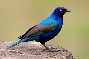 Un magnifico esemplare di storno superbo (Lamprotornis superbus) con il suo piumaggio iridescente blu e arancione, fotografato in primo piano con un obiettivo macro da 100mm, illuminazione controllata per esaltare i dettagli delle piume e i colori vivaci, su uno sfondo naturale sfocato della savana keniota.