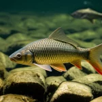 Una carpa di roccia (Procypris rabaudi) che nuota elegantemente tra le rocce sommerse di un fiume limpido, fotografia naturalistica subacquea, teleobiettivo zoom 100-200mm, scatto veloce per congelare il movimento, luce naturale filtrata dall'acqua che crea giochi di luce e ombra.