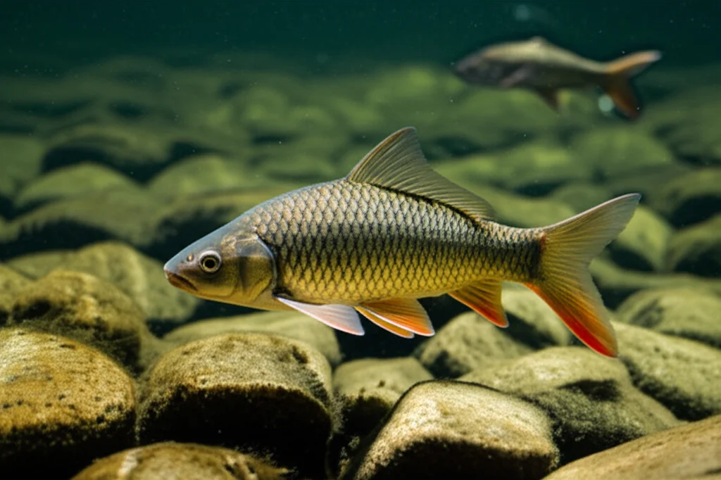 Una carpa di roccia (Procypris rabaudi) che nuota elegantemente tra le rocce sommerse di un fiume limpido, fotografia naturalistica subacquea, teleobiettivo zoom 100-200mm, scatto veloce per congelare il movimento, luce naturale filtrata dall'acqua che crea giochi di luce e ombra.