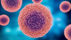 Visualizzazione artistica di una particella LDL (lipoproteina a bassa densità) in un contesto medico-scientifico, obiettivo macro 90mm, alta definizione, illuminazione da laboratorio controllata, suggerendo l'analisi proteomica e lipidomica per la ricerca sul cancro al seno.