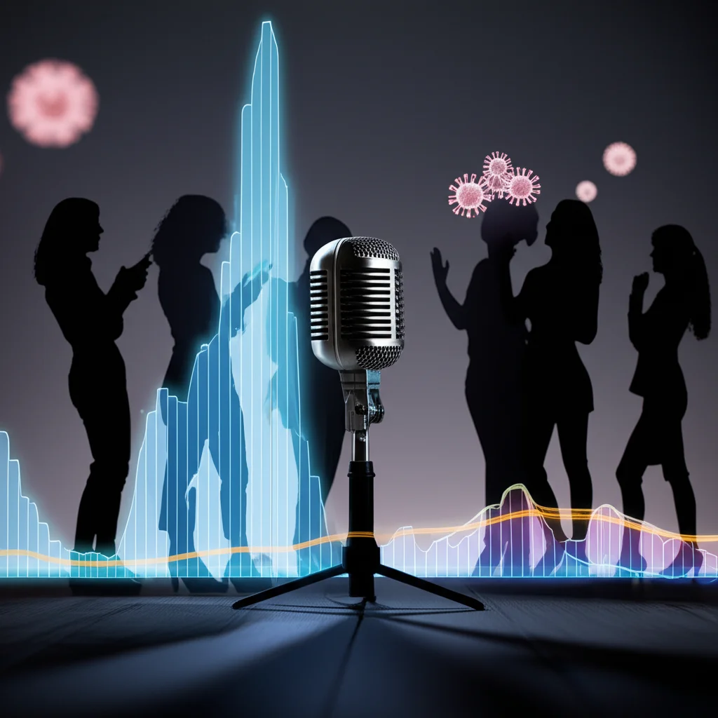 Visualizzazione astratta che collega simboli della libertà di parola (microfono aperto, persone che parlano) con grafici stilizzati della diffusione di una pandemia (curve epidemiche, particelle virali). Illuminazione controllata, obiettivo 35mm, profondità di campo che mette a fuoco l'interconnessione tra i due concetti.