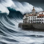 Wide-angle, 10-24mm lens, a dramatic depiction of a colossal tsunami wave, reminiscent of the 1755 Lisbon event, crashing into a historic 18th-century Spanish coastal town like Conil de la Frontera. Focus on the turbulent water, debris, and the terrified reaction of distant figures, with long exposure to smooth the water's chaos yet retain its power. Sharp focus on the town's architecture being overwhelmed.