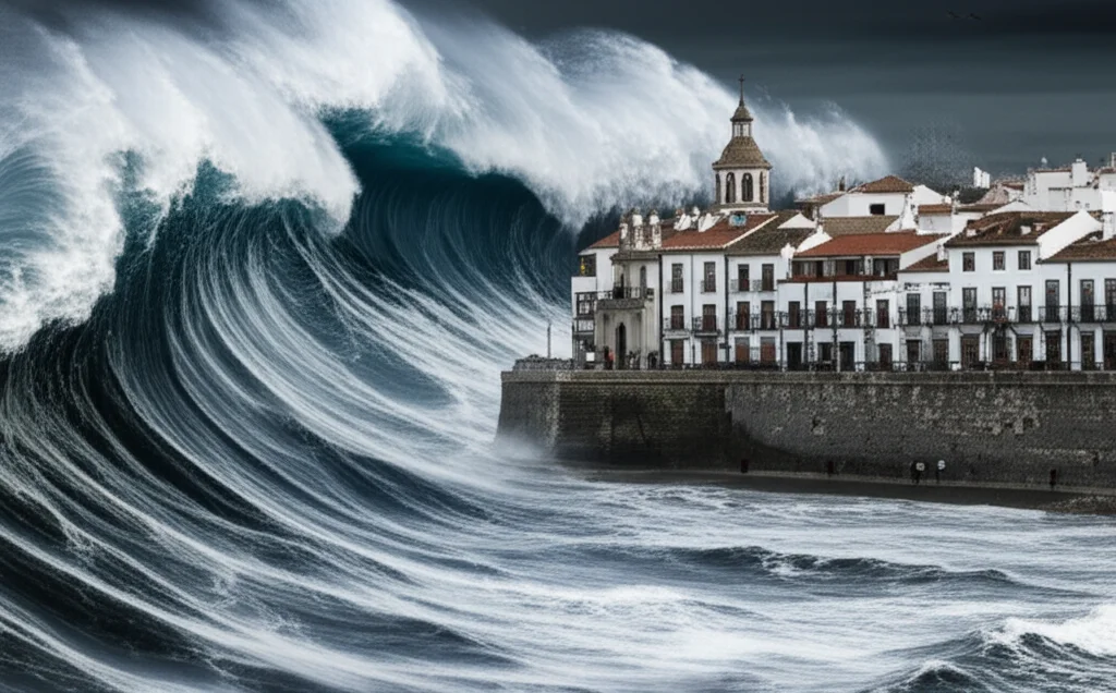 Wide-angle, 10-24mm lens, a dramatic depiction of a colossal tsunami wave, reminiscent of the 1755 Lisbon event, crashing into a historic 18th-century Spanish coastal town like Conil de la Frontera. Focus on the turbulent water, debris, and the terrified reaction of distant figures, with long exposure to smooth the water's chaos yet retain its power. Sharp focus on the town's architecture being overwhelmed.