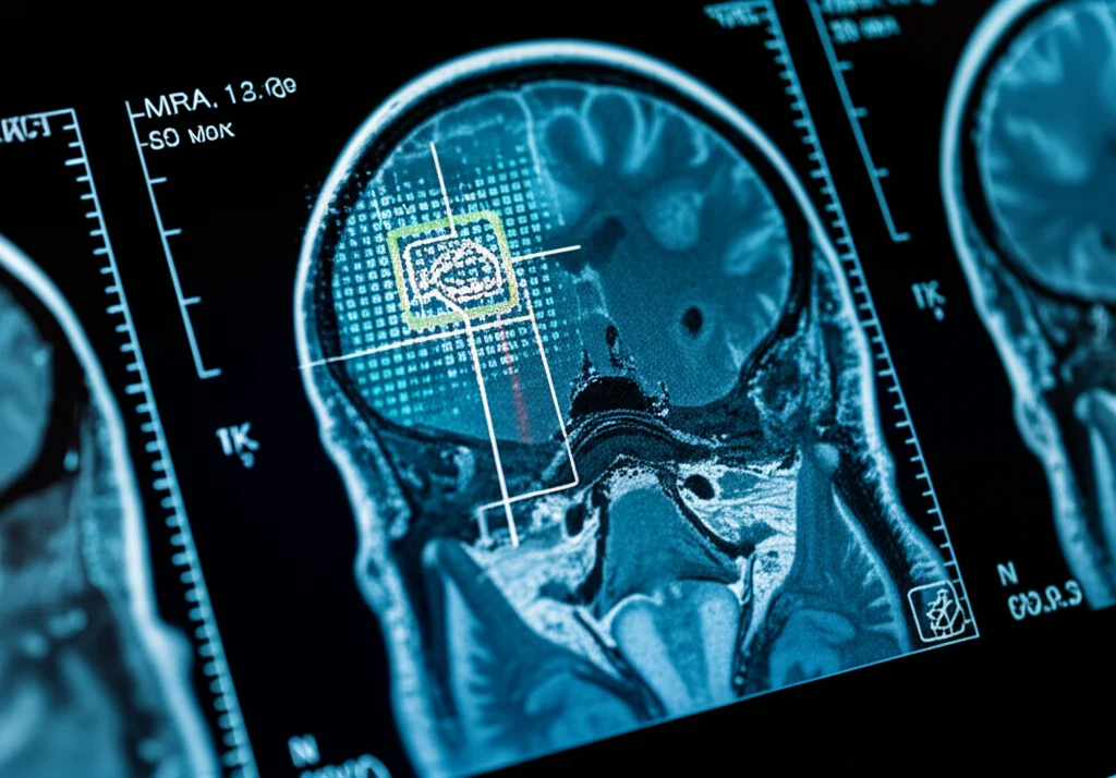 Close-up of a medical MRI scan with an artificial intelligence overlay highlighting areas of interest, 100mm Macro lens, high detail, precise focusing