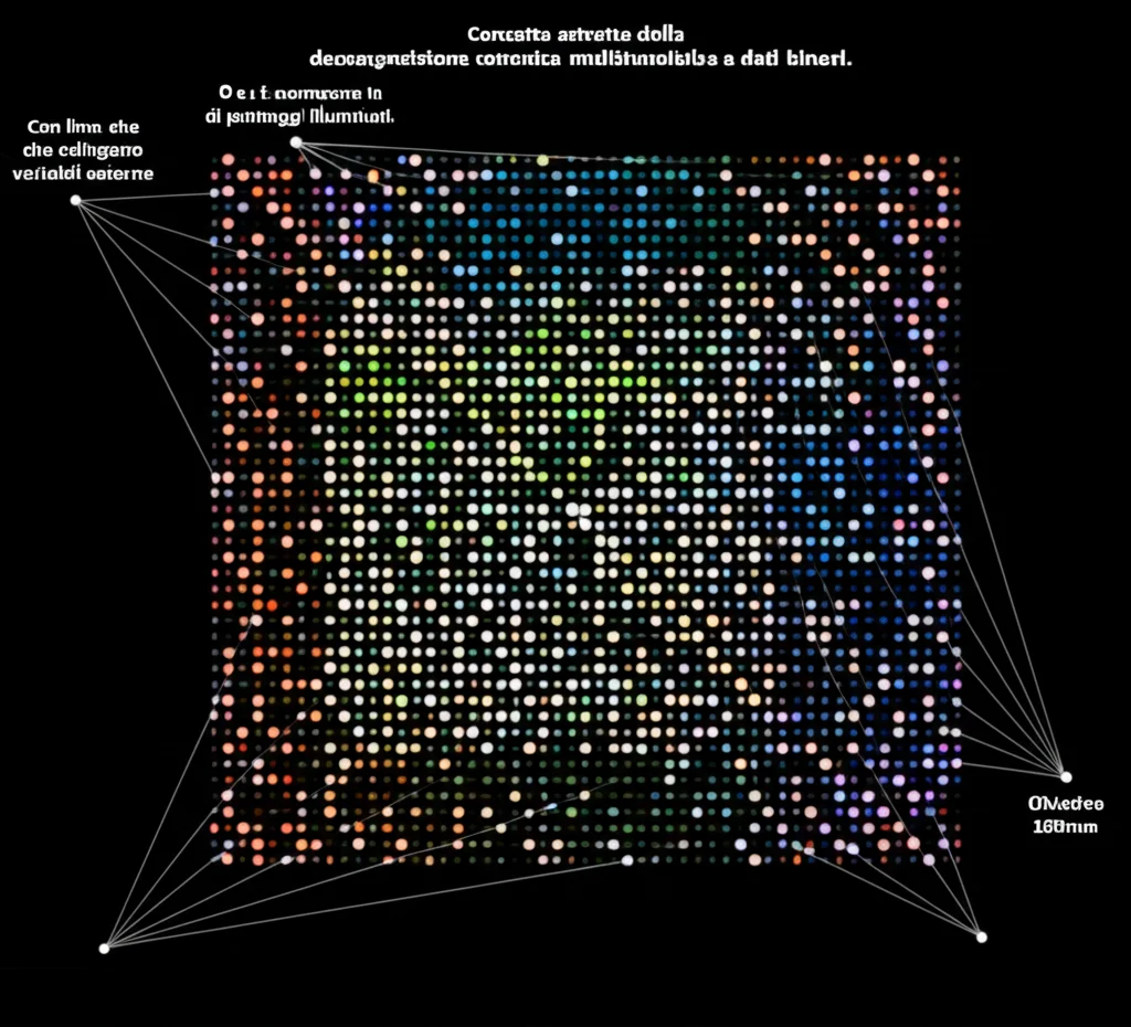Concetto astratto della decomposizione canonica multinomiale applicata a dati binari. Una matrice di 0 e 1 si scompone in vettori di punteggi illuminati, con linee che collegano variabili esterne. Obiettivo macro 100mm, alta definizione, illuminazione controllata per evidenziare la struttura, sfondo scuro per contrasto.