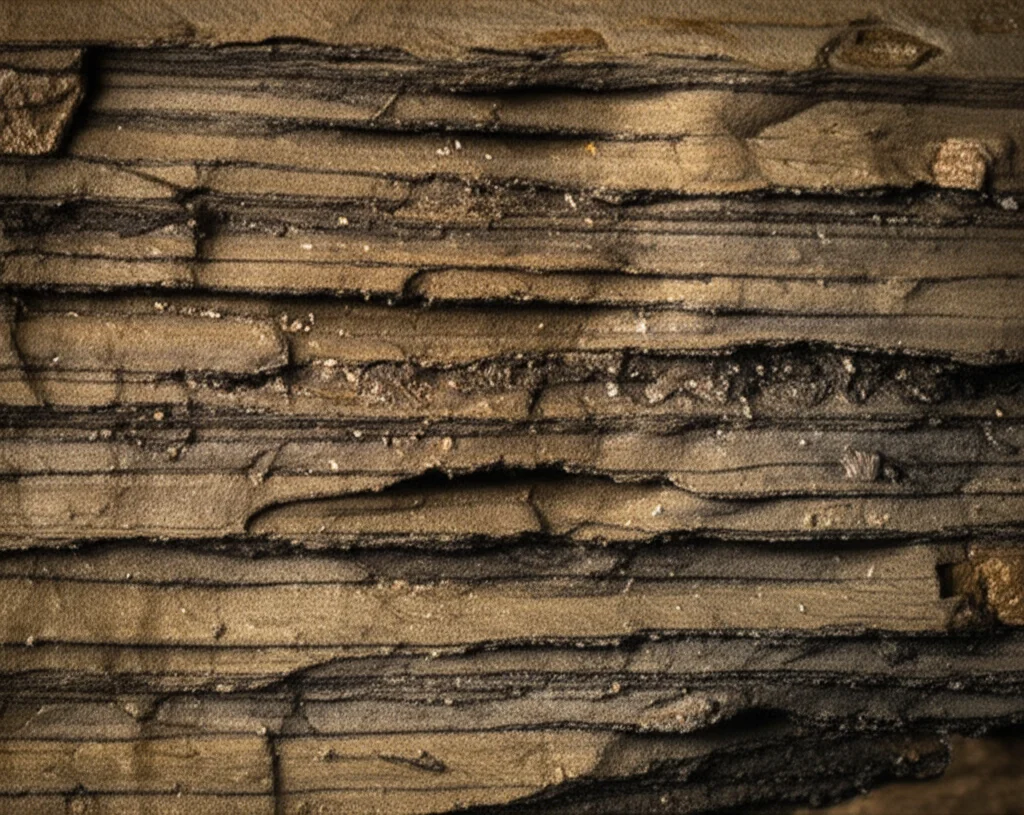 Fotografia macro di un affioramento di roccia madre scura, stratificata, del periodo Maastrichtiano, con evidenti inclusioni organiche. Obiettivo macro 90mm, luce naturale diffusa per esaltare i dettagli delle lamine e la ricchezza organica.