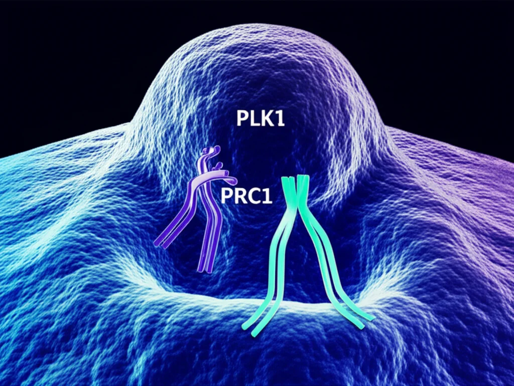 Illustrazione scientifica astratta del meccanismo d'azione di un inibitore farmacologico (B4) che interagisce con le proteine PLK1 e PRC1 all'interno di una cellula tumorale polmonare, causando catastrofe mitotica. Wide-angle, 15mm, long exposure per un effetto dinamico, con focus nitido sull'interazione proteica, colori blu e viola duotone per un'atmosfera scientifica e high-tech.