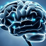 Immagine concettuale di un cervello stilizzato con punti luminosi sul cuoio capelluto che indicano le zone di stimolazione dell'agopuntura cranica, obiettivo da 35mm, duotone blu e argento, profondità di campo, per rappresentare l'efficacia dell'agopuntura cranica nel recupero post-ictus.