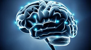 Immagine concettuale di un cervello stilizzato con punti luminosi sul cuoio capelluto che indicano le zone di stimolazione dell'agopuntura cranica, obiettivo da 35mm, duotone blu e argento, profondità di campo, per rappresentare l'efficacia dell'agopuntura cranica nel recupero post-ictus.