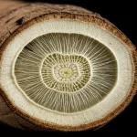 Immagine macrofotografica altamente dettagliata di una radice di Dipsacus asper sezionata, che mostra la sua struttura interna e piccole goccioline di essudato che simboleggiano l'asperosaponina VI. Obiettivo macro 100mm, illuminazione da studio controllata per enfatizzare la texture e i composti attivi, messa a fuoco precisa sulla superficie tagliata della radice.