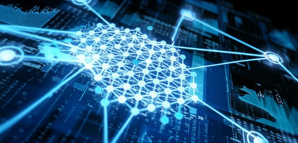 Macro, 60mm, high detail, precise focusing, controlled lighting, una rappresentazione concettuale di un modello di machine learning che analizza una complessa rete biomolecolare, con alcuni percorsi illuminati in modo errato (bias) e altri corretti grazie a una strategia di campionamento negativo bilanciata (DDB), su uno sfondo digitale high-tech con codici binari e grafici.