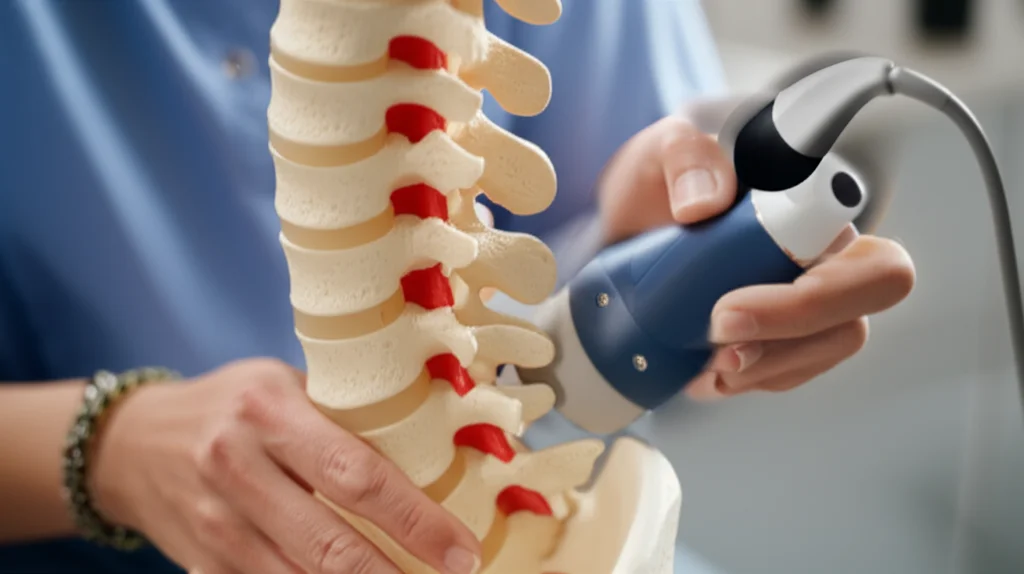 Photorealistic image of a medical professional examining a spine model with a small ultrasound probe, macro lens, 60mm, controlled lighting.