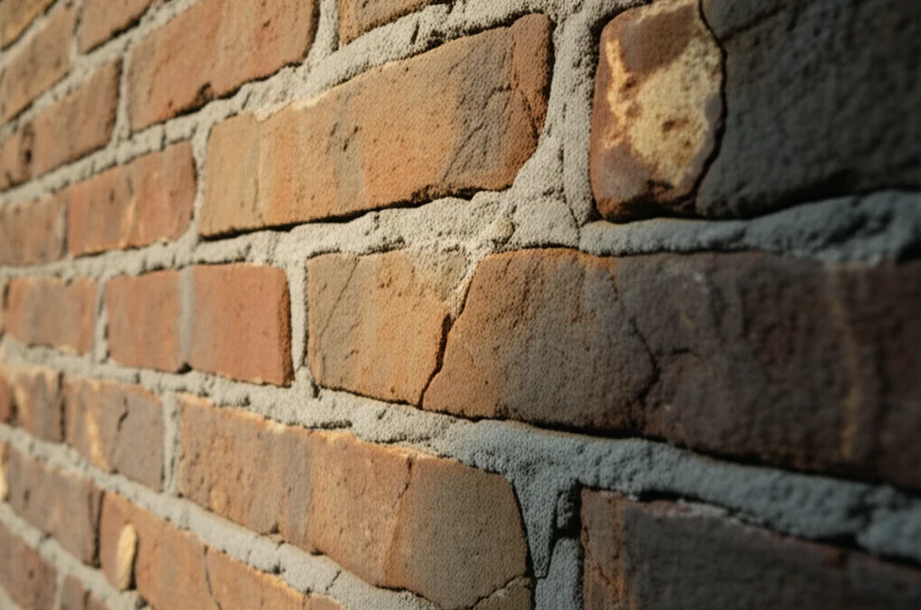 Primo piano di un muro di mattoni antico in una casa rurale cinese, con l'intelligenza artificiale che evidenzia digitalmente aree di danno come ingiallimento e piccole crepe. Macro lens, 85mm, high detail, luce laterale per enfatizzare la texture e il deterioramento.