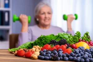 Still life of antioxidant-rich foods next to an older adult exercising, macro lens, 100mm, high detail, precise focusing.