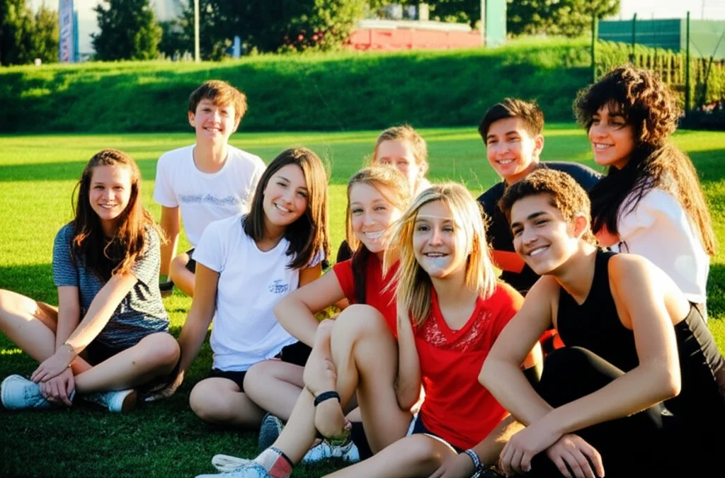 Un gruppo eterogeneo di adolescenti (15-17 anni) sorridenti e rilassati dopo aver terminato un'attività sportiva all'aperto, forse seduti sull'erba o appoggiati a una recinzione. Ritratto di gruppo con obiettivo a focale fissa 35mm, luce naturale del tardo pomeriggio, profondità di campo che mette a fuoco i volti principali ma mostra l'interazione del gruppo, colori vivaci e atmosfera positiva che comunica salute e benessere giovanile.