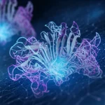 Visualizzazione artistica del concetto di deep learning applicato alla scoperta di farmaci, con una rete neurale digitale luminosa sovrapposta a strutture molecolari complesse del Citocromo P450, lente prime 35mm, colori duotone blu e viola high-tech, profondità di campo che sfoca lo sfondo.