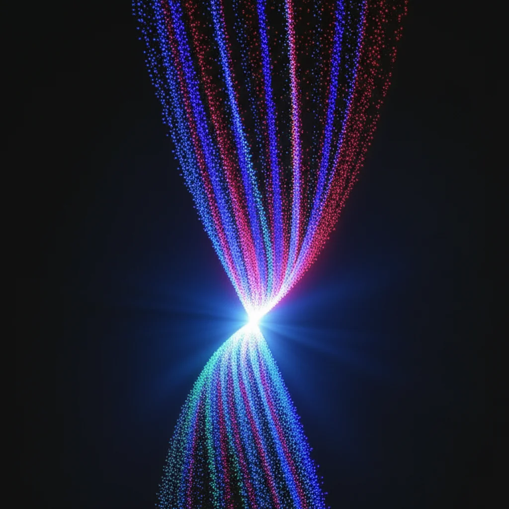 Visualizzazione artistica di un fascio vorticoso di luce di ordine superiore che interagisce con molecole biologiche all'interno di una cellula, simboleggiando la nanoscopia MINFLUX potenziata. Macro lens, 85mm, alta definizione, illuminazione da studio, sfondo scuro per contrasto, con dettagli molecolari resi visibili dal fascio.