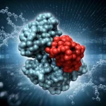 Visualizzazione artistica e fotorealistica di una molecola inibitrice (ZINC393032) che si lega al sito attivo di un enzima L1 beta-lattamasi, rappresentato con dettagli atomici e circondato da ioni zinco. Lo sfondo mostra un intreccio di codice binario e strutture molecolari, a simboleggiare l'unione tra approccio computazionale e ricerca biologica. Illuminazione drammatica che evidenzia l'interazione chiave. Lens type: Prime, Focal lengths: 35mm, duotone blu e argento metallico.
