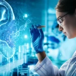 A photorealistic image representing genetic research on hearing loss, perhaps showing a stylized depiction of a gene interacting with auditory structures or a researcher working in a lab with genetic data visuals. Use case: Objects, Lens type: 60mm, Additional details: precise focusing, controlled lighting, high detail, scientific context.