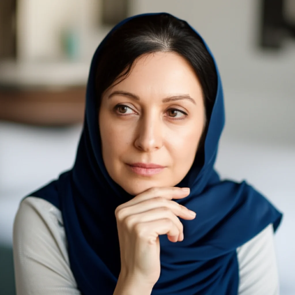 A thoughtful middle-aged Iranian woman, 35mm portrait, depth of field, looking slightly off-camera with a pensive expression, suggesting emotional depth related to health concerns.