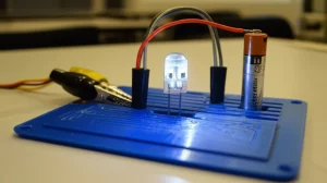 Fotografia macro, 105mm, di un template per circuiti stampato in 3D in PLA di colore blu vivace, con scanalature ben visibili che guidano il posizionamento dei componenti. Una piccola lampadina LED è accesa brillantemente sul template, collegata da clip a coccodrillo gialle e nere a una batteria AA inserita nello slot apposito. Luce calda e drammatica focalizzata sulla lampadina accesa, sfondo leggermente sfocato di un'aula con altri banchi. High detail, precise focusing, controlled lighting.