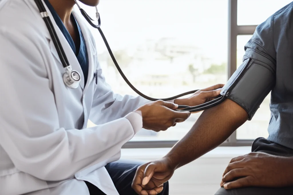 Immagine di un medico che misura la pressione sanguigna a un paziente in un ambiente clinico moderno e luminoso a Città del Capo. Obiettivo da 35mm, profondità di campo, colori naturali, per illustrare il tema della diagnosi e cura dell'ipertensione.