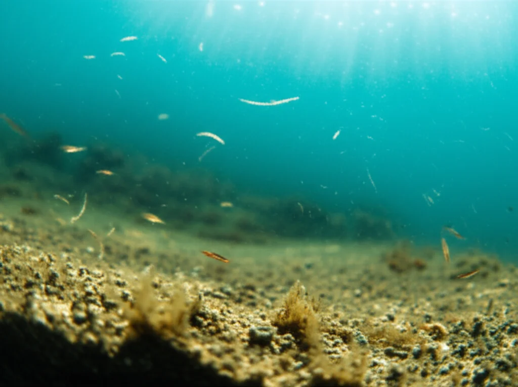 Immagine fotorealistica di un ecosistema acquatico, con organismi sul fondale (zona bentonica) e altri che fluttuano nella colonna d'acqua (zona di deriva), illuminati da luce solare filtrante. Macro lens, 70mm, high detail, controlled lighting, per illustrare il modello bentonico-deriva.