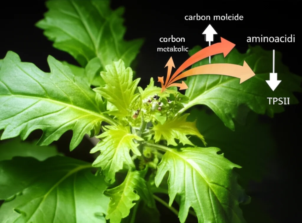 Immagine fotorealistica di una pianta di Arabidopsis thaliana in primo piano, con dettagli fogliari ben visibili. Sovrapposta alla pianta, una rappresentazione grafica stilizzata e luminosa del flusso di carbonio che converge verso molecole di amido e aminoacidi, simboleggiando il controllo metabolico esercitato dai geni TPSII. Lente macro 70mm, alta definizione, illuminazione drammatica controllata, focus sulla pianta con elementi grafici integrati.
