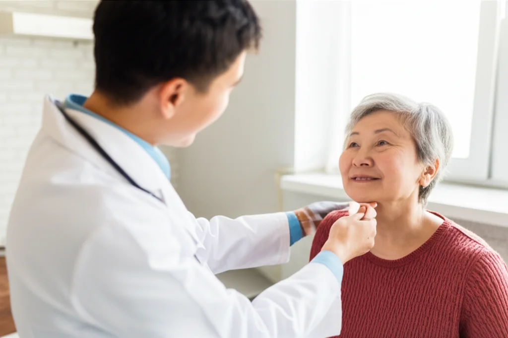 Primo piano di un operatore sanitario asiatico che assiste con cura un'anziana signora cinese nel suo ambiente domestico. L'operatore sorride gentilmente mentre controlla la pressione dell'anziana, che appare serena. La luce naturale illumina la scena, creando un'atmosfera calda e rassicurante. Obiettivo da 35mm, profondità di campo per sfocare leggermente lo sfondo e mantenere il focus sui soggetti, colori naturali e vividi.