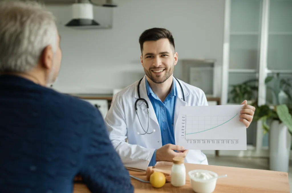 Un medico sorridente che mostra un grafico con una curva di rischio di mortalità in discesa a un paziente iperteso, mentre sul tavolo ci sono alimenti ricchi di probiotici come yogurt e kefir. Portrait photography, prime lens, 35mm, depth of field, luce naturale e calda.