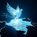 Una colomba bianca stilizzata, simbolo di pace, composta da una moltitudine di piccoli loghi di Twitter blu, che vola sopra una mappa digitale e luminosa della Colombia. Obiettivo prime 50mm, profondità di campo ridotta per mettere a fuoco la colomba, con la mappa leggermente sfocata sullo sfondo, illuminazione eterea e simbolica per evocare speranza e tecnologia.