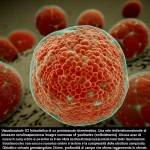 Visualizzazione 3D fotorealistica di un prototessuto citomimetico. Una rete tridimensionale di idrogel bluastro semitrasparente integra numerose sfere giallastre (colloidosomi). Alcune aree della rete e delle sfere mostrano depositi minerali biancastri e opachi (calcificazione). Illuminazione laterale drammatica che crea ombre e mette in risalto la texture e la complessità della struttura composita. Obiettivo virtuale grandangolare 24mm, profondità di campo che sfuma leggermente lo sfondo.
