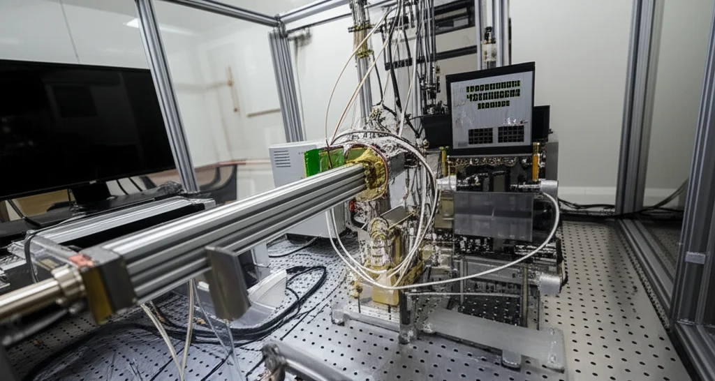 Wide-angle, 20mm, long exposure, sharp focus, un laboratorio di ottica laser avanzato con un setup di oscillatore laser a fibra monolitico in primo piano, che emette un fascio potente, stabile e di alta qualità, a simboleggiare la svolta nella mitigazione della TMI e nell'aumento di potenza.