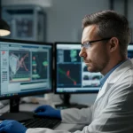 A scientist interacting with advanced flow cytometry data analysis software on a screen, 35mm portrait, depth of field, controlled lighting.