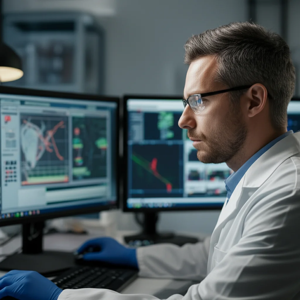 A scientist interacting with advanced flow cytometry data analysis software on a screen, 35mm portrait, depth of field, controlled lighting.