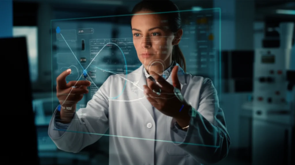 Fotografia di una scienziata che osserva dati complessi su uno schermo trasparente olografico, rappresentazione stilizzata di coorti di dati e fattori di rischio per il cancro al seno, obiettivo 50mm, profondità di campo, illuminazione da studio controllata.