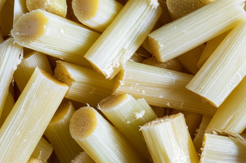 Fotografia macro, 60mm, di pezzi di canna da zucchero fresca e tritata, con goccioline di succo visibili, pronti per la fermentazione allo stato solido. Alto dettaglio sulla fibra e sulla consistenza umida, illuminazione controllata che enfatizza la naturalità della materia prima.