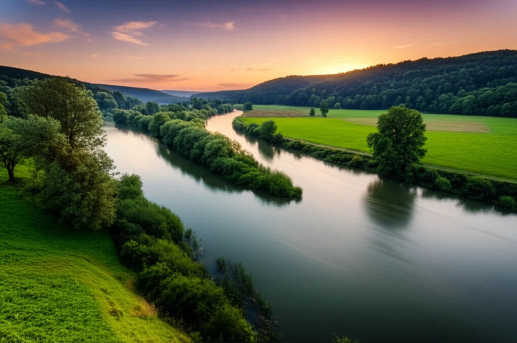 Fotografia paesaggistica grandangolare, 18mm, lunga esposizione per acqua liscia, che mostra un fiume europeo che scorre attraverso una valle verde al tramonto, simboleggiando la previsione e la gestione delle risorse idriche locali con approcci ibridi.