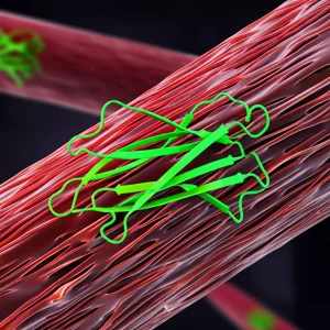 Immagine concettuale della proteina Tau (struttura molecolare stilizzata) che interagisce con le strutture interne di una cellula di Sarcoma di Ewing, visualizzazione dettagliata, illuminazione drammatica controllata, lente macro 60mm, focus selettivo sull'interazione proteina-cellula.