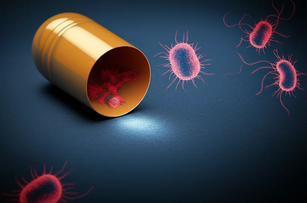 Immagine concettuale dell'antibiotico-resistenza: una capsula di antibiotico aperta e vuota su uno sfondo scuro con sagome stilizzate di batteri minacciosi. Lente macro, 90mm, illuminazione drammatica laterale per enfatizzare il pericolo e creare ombre lunghe, alta definizione per i dettagli della capsula.