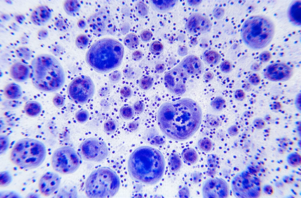 Immagine fotorealistica, obiettivo prime, profondità di campo 35mm, che mostra una vista microscopica di macrofagi alveolari umani che rispondono attivamente alle particelle del virus dell'influenza all'interno degli alveoli polmonari. Sottili duotoni blu e arancione evidenziano le strutture cellulari e la presenza virale.