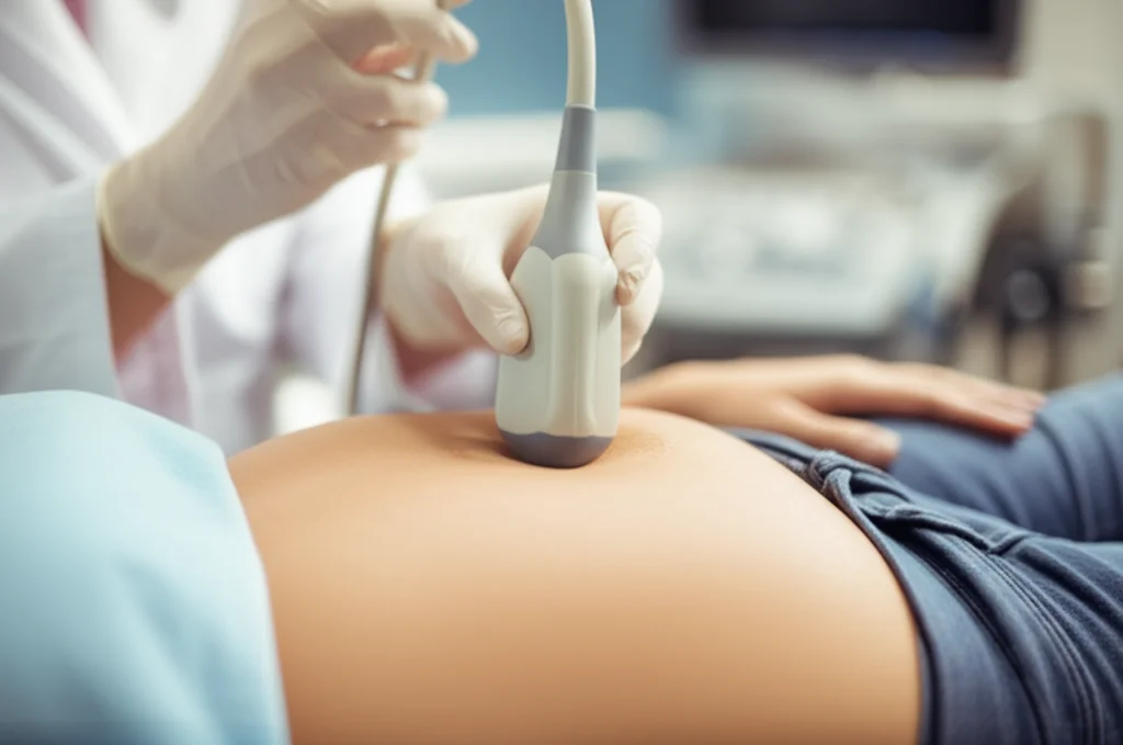 Primo piano di un trasduttore ecografico appoggiato delicatamente sul ventre di una donna incinta. L'immagine è focalizzata sul trasduttore e sulla pelle, con un leggero bokeh dello sfondo che mostra una sala parto accogliente. Illuminazione da studio controllata, lente macro 100mm per dettagli nitidi, atmosfera calma e professionale, colori caldi e rassicuranti.