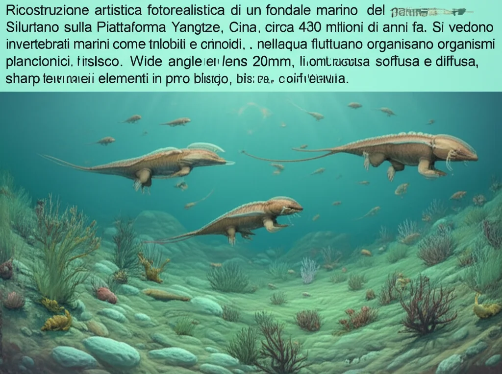 Ricostruzione artistica fotorealistica di un fondale marino del periodo Siluriano sulla Piattaforma Yangtze, Cina, circa 430 milioni di anni fa. Si vedono invertebrati marini come trilobiti e crinoidi, e nell'acqua fluttuano organismi planctonici, inclusi chitinozoi concettuali a forma di fiasco. Wide-angle lens, 20mm, luce subacquea soffusa e diffusa, sharp focus sugli elementi in primo piano, colori tenui blu-verdi.