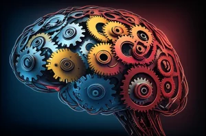 Un cervello stilizzato composto da ingranaggi colorati e luminosi che si interconnettono, simboleggiando l'unione tra razionalità (ingranaggi blu e grigi) ed emozioni (ingranaggi rossi e gialli) nel processo decisionale strategico. Sfondo astratto e moderno, obiettivo da 50mm, alta definizione, illuminazione da studio per far risaltare i dettagli degli ingranaggi e i riflessi metallici. Macro lens 60mm per un dettaglio preciso degli ingranaggi.