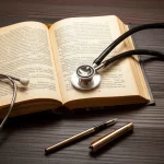 Una luce calda e soffusa illumina un libro antico di teologia aperto, posto accanto a uno stetoscopio e altri strumenti medici su un tavolo di legno scuro, simboleggiando l'unione necessaria tra fede, etica e cura medica. Obiettivo 50mm prime, profondità di campo ridotta per mettere a fuoco il libro e lo stetoscopio.
