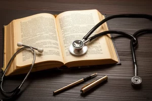 Una luce calda e soffusa illumina un libro antico di teologia aperto, posto accanto a uno stetoscopio e altri strumenti medici su un tavolo di legno scuro, simboleggiando l'unione necessaria tra fede, etica e cura medica. Obiettivo 50mm prime, profondità di campo ridotta per mettere a fuoco il libro e lo stetoscopio.