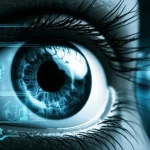 Un'immagine concettuale di un occhio bionico avanzato che scruta una scena notturna urbana, con interfacce digitali sovrapposte che evidenziano oggetti e persone rilevati nell'oscurità. Obiettivo prime 35mm, duotone ciano e nero per un look futuristico, profondità di campo per mettere a fuoco l'occhio e sfocare leggermente lo sfondo.